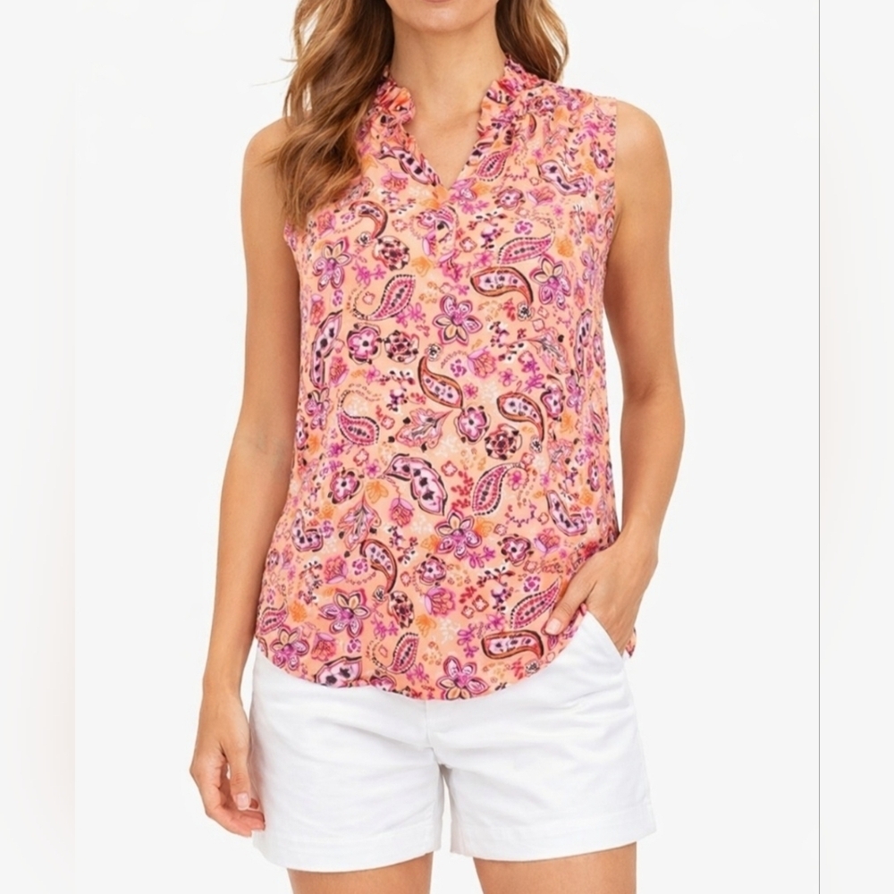 LOFT Paisley Floral Sleeveless Blouse Women’s Size Small Peach Pink